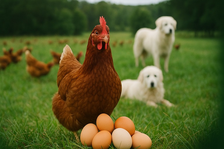Pasture-raised hens with Maremma guardian dogs Pasture-raised hens with Maremma guardian dogs